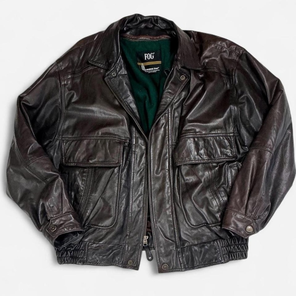 Vintage men's brown leather bomber jacket with lining London Fog size XL